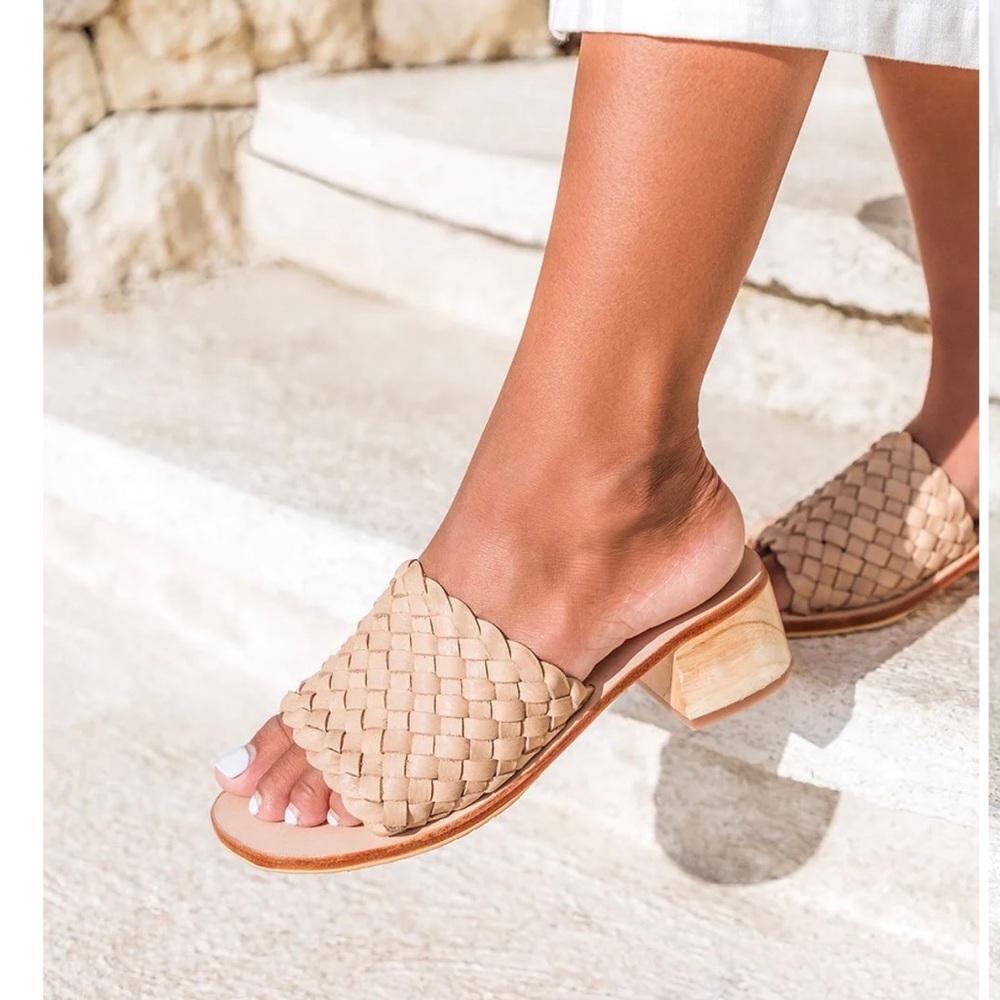 Liberte Woven Cowhide Woven Leather Camel Handmade Slip On Mule Heel